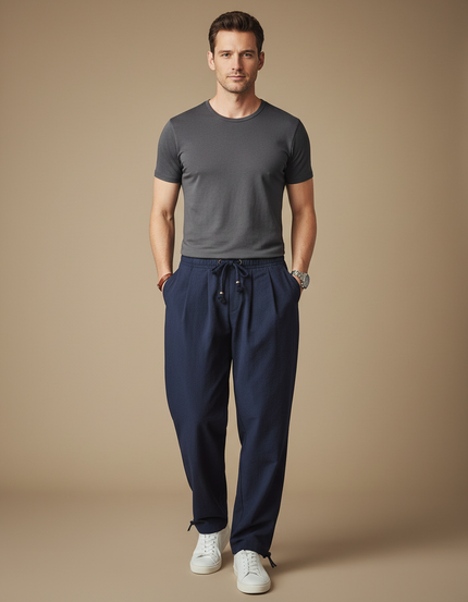 Pantalon Parachute Bleu Marine Ample Cordon Homme - Lin