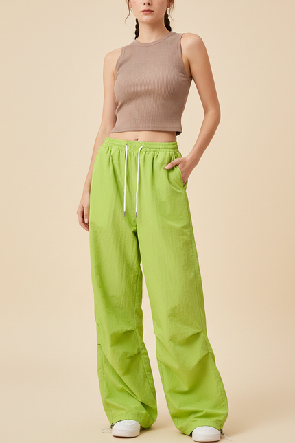 Pantalon Parachute Vert Citron Ample Fluide Cordon Streetwear - Polyester