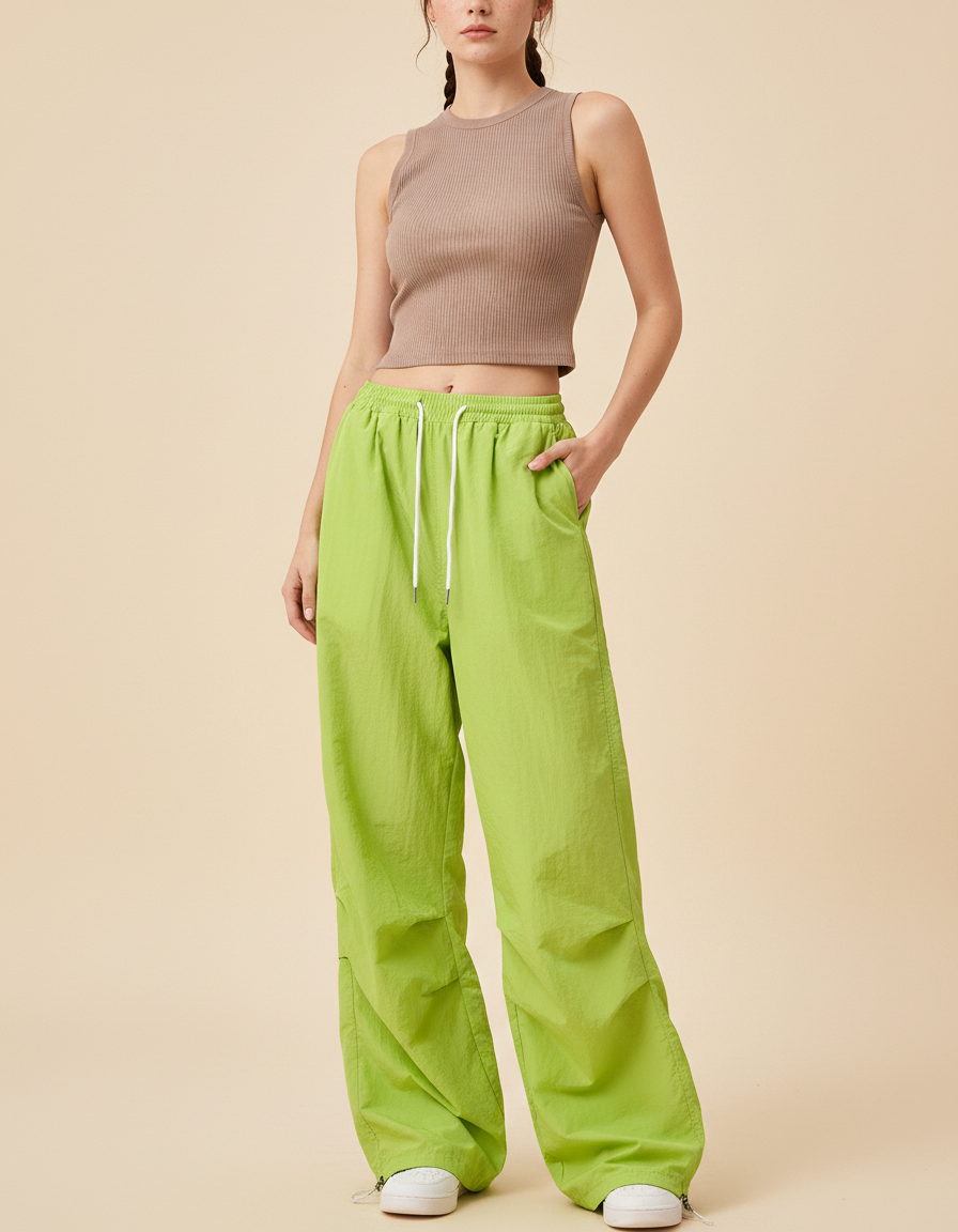 Pantalon Parachute Vert Citron Ample Fluide Cordon Streetwear - Polyester