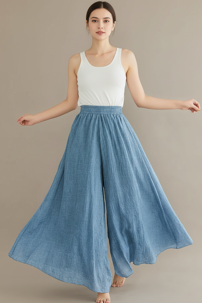 Pantalon Parachute Bleu Ciel Lin Ample Fluide Femme