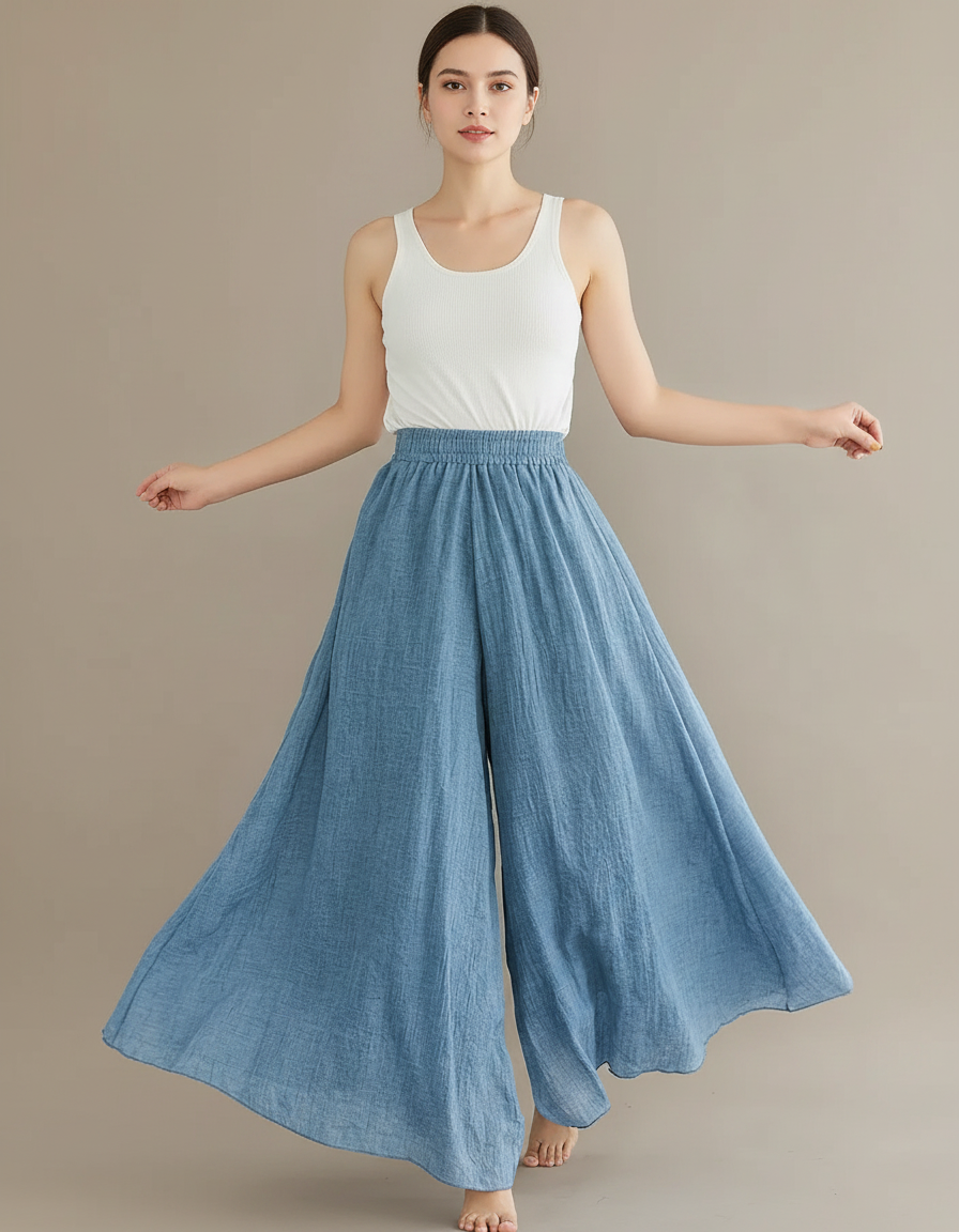 Pantalon Parachute Bleu Ciel Lin Ample Fluide Femme