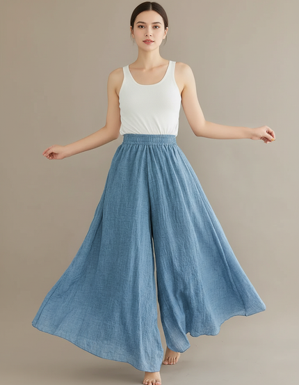 Pantalon Parachute Bleu Ciel Lin Ample Fluide Femme