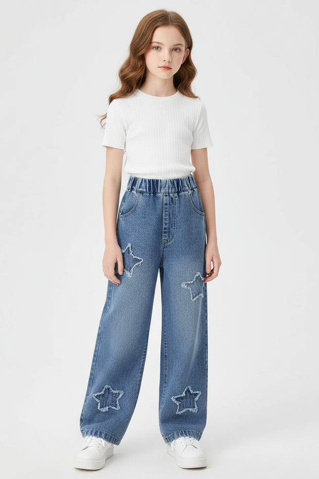 Pantalon Parachute Denim Ample Étoiles Fille Bleu - Jean