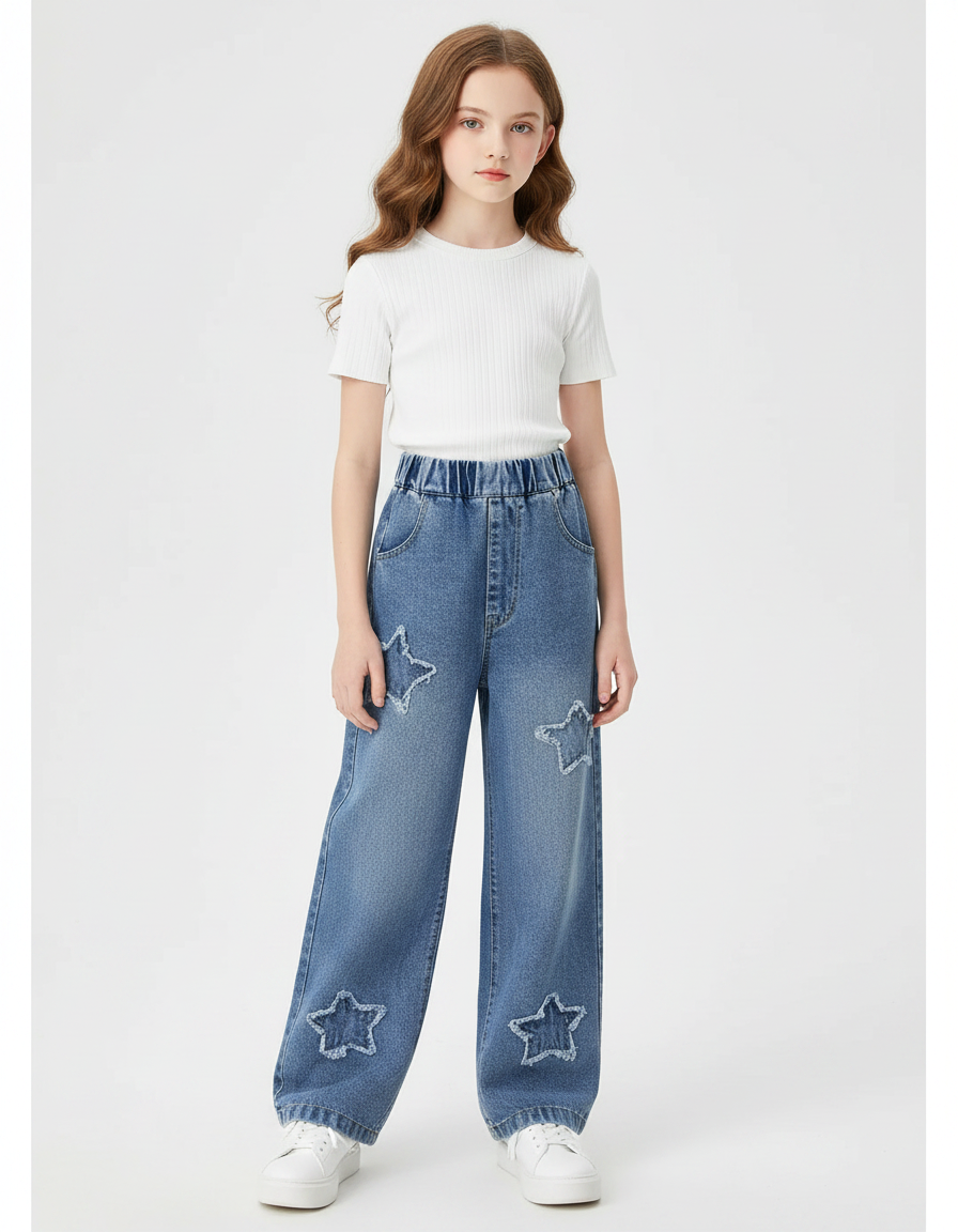 Pantalon Parachute Denim Ample Étoiles Fille Bleu - Jean