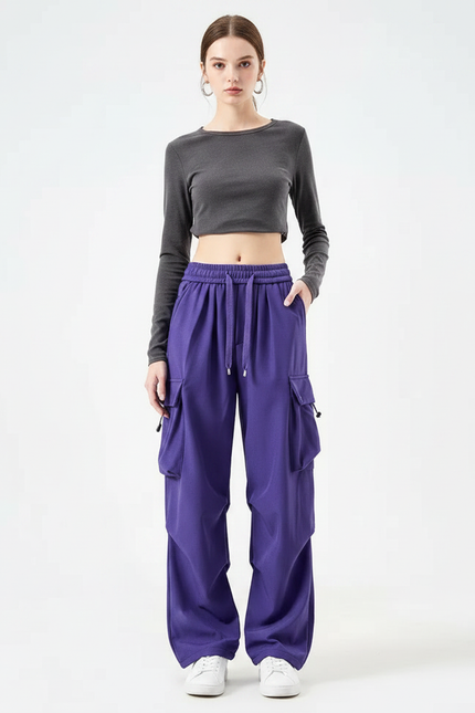 Pantalon Parachute Violet Cargo Ample Taille Haute - Molleton