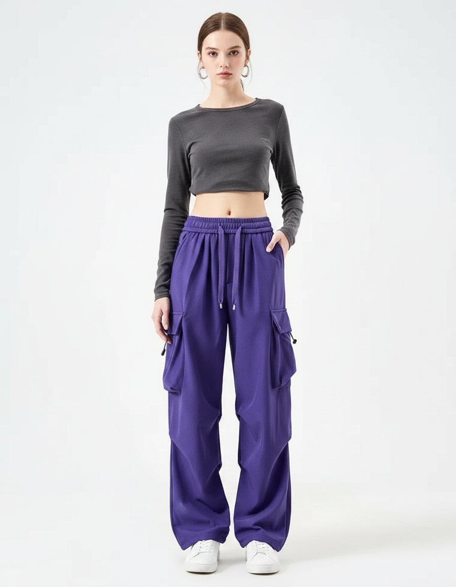 Pantalon Parachute Violet Cargo Ample Taille Haute - Molleton