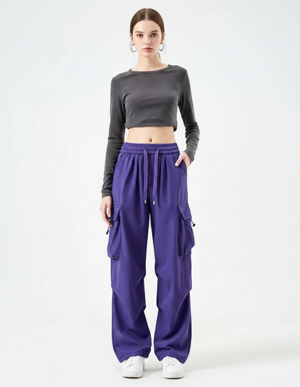 Pantalon Parachute Violet Cargo Ample Taille Haute - Molleton