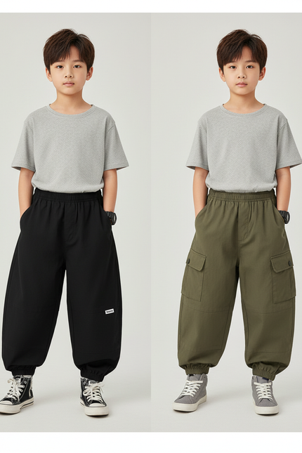 Pantalon Parachute Noir Kaki Ample Cargo Garçon - Toile