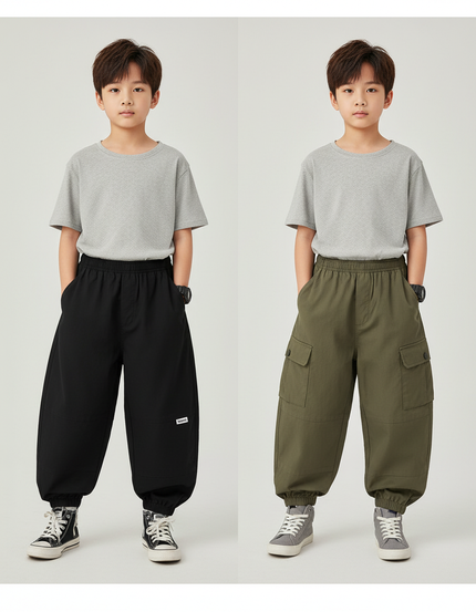 Pantalon Parachute Noir Kaki Ample Cargo Garçon - Toile