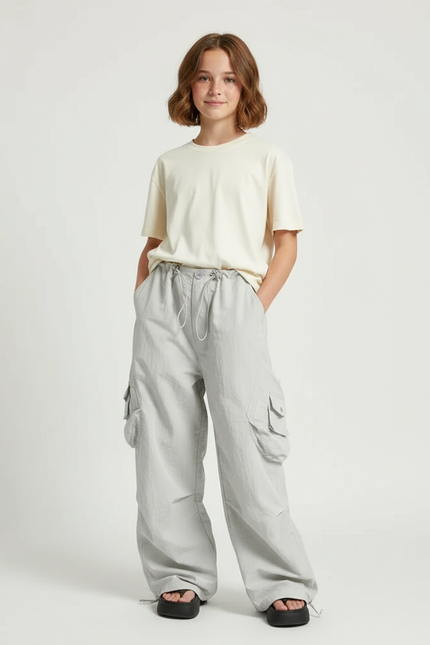 Pantalon Parachute Gris Ample Cargo Enfant Léger - Polyester