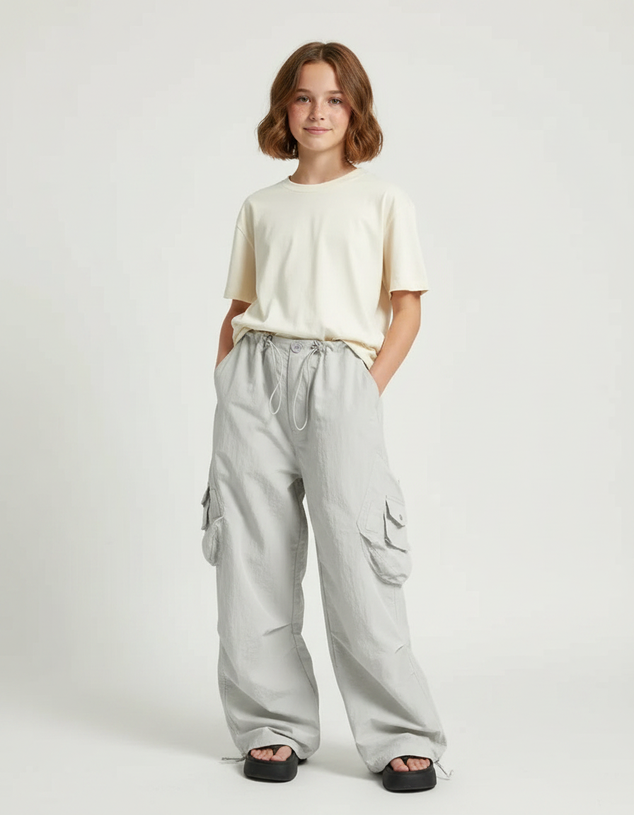 Pantalon Parachute Gris Ample Cargo Enfant Léger - Polyester