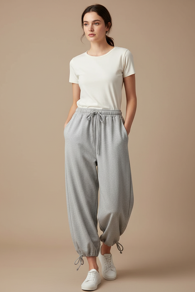 Pantalon Parachute Gris Ample Cordon Chevilles Ajustables - Molleton