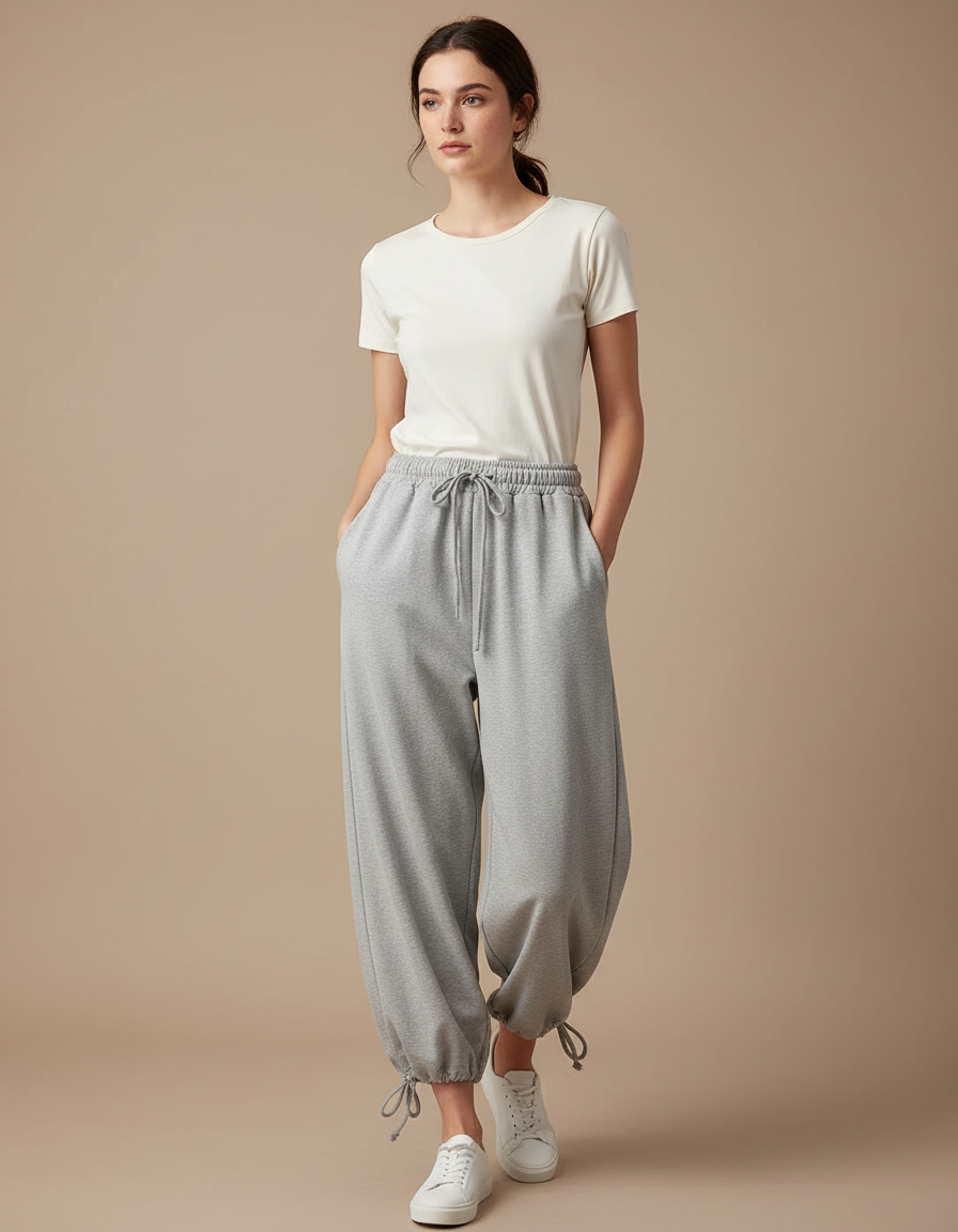 Pantalon Parachute Gris Ample Cordon Chevilles Ajustables - Molleton