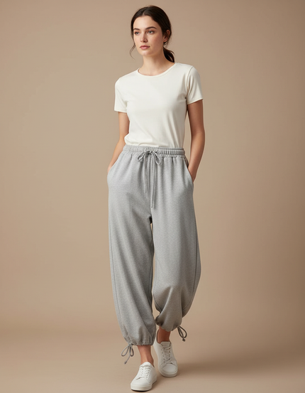 Pantalon Parachute Gris Ample Cordon Chevilles Ajustables - Molleton