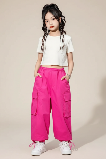 Pantalon Parachute Rose Vif Cargo Ample Fille Coréen - Polyester