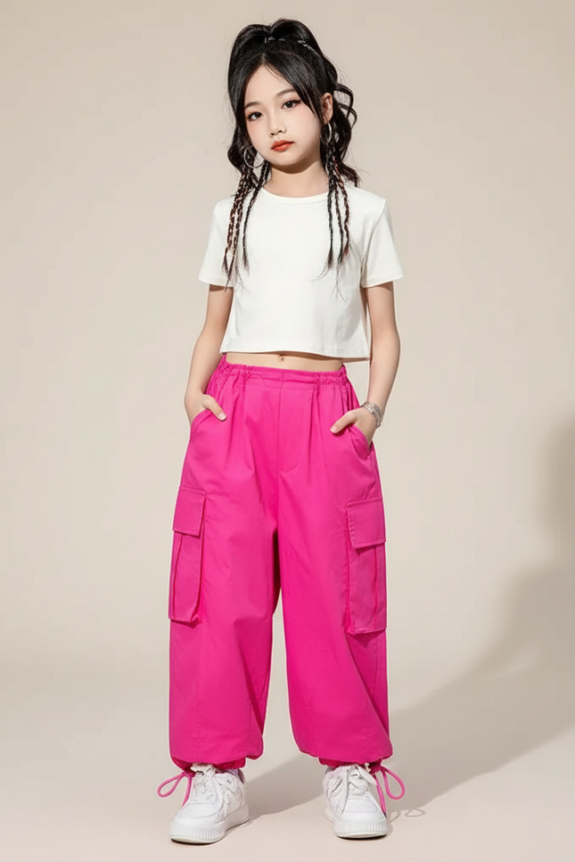 Pantalon Parachute Rose Vif Cargo Ample Fille Coréen - Polyester