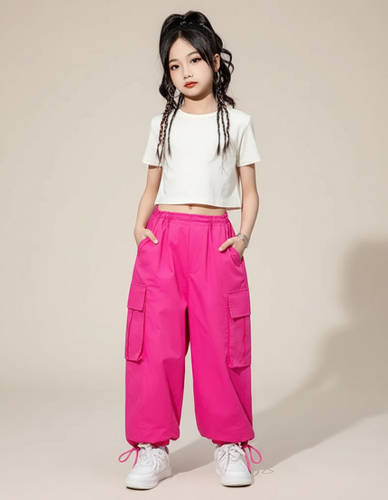 Pantalon Parachute Rose Vif Cargo Ample Fille Coréen - Polyester