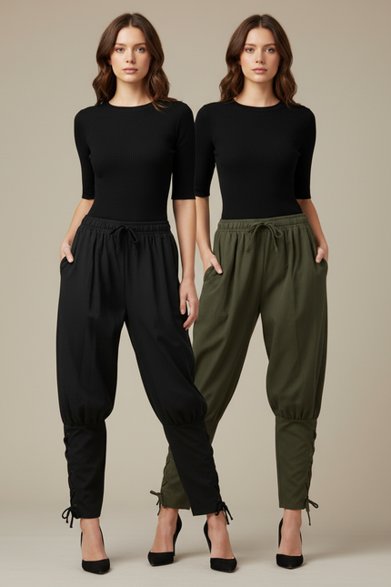 Pantalon Parachute Noir Kaki Ample Lacets Femme - Gabardine