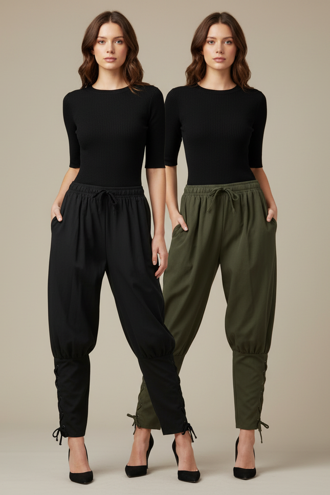 Pantalon Parachute Noir Kaki Ample Lacets Femme - Gabardine
