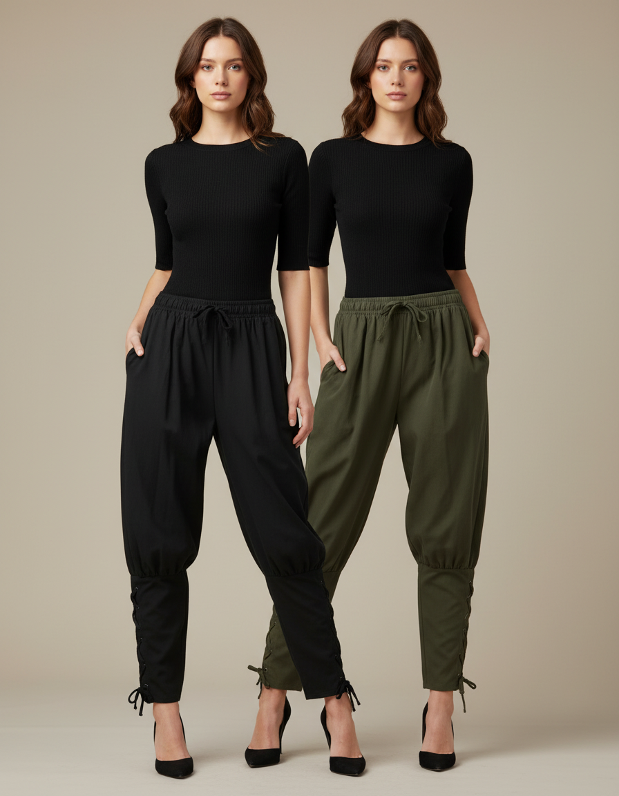 Pantalon Parachute Noir Kaki Ample Lacets Femme - Gabardine