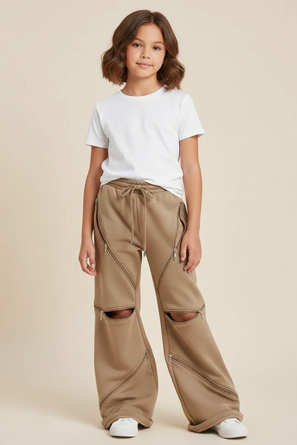 Pantalon Parachute Marron Zippé Ample Décontracté Enfant - Camel Molleton