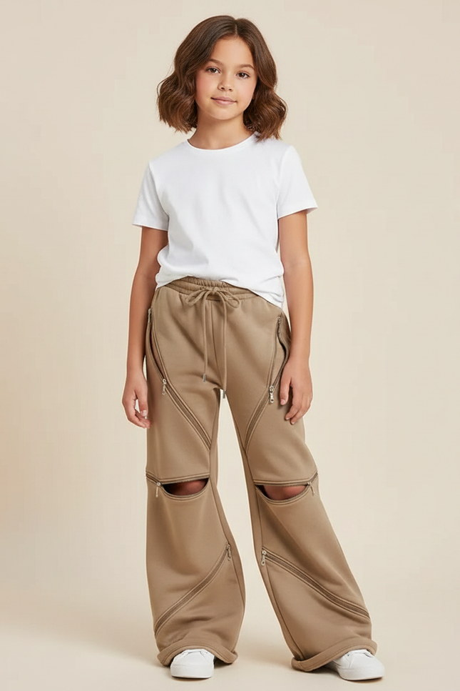 Pantalon Parachute Marron Zippé Ample Décontracté Enfant - Camel Molleton