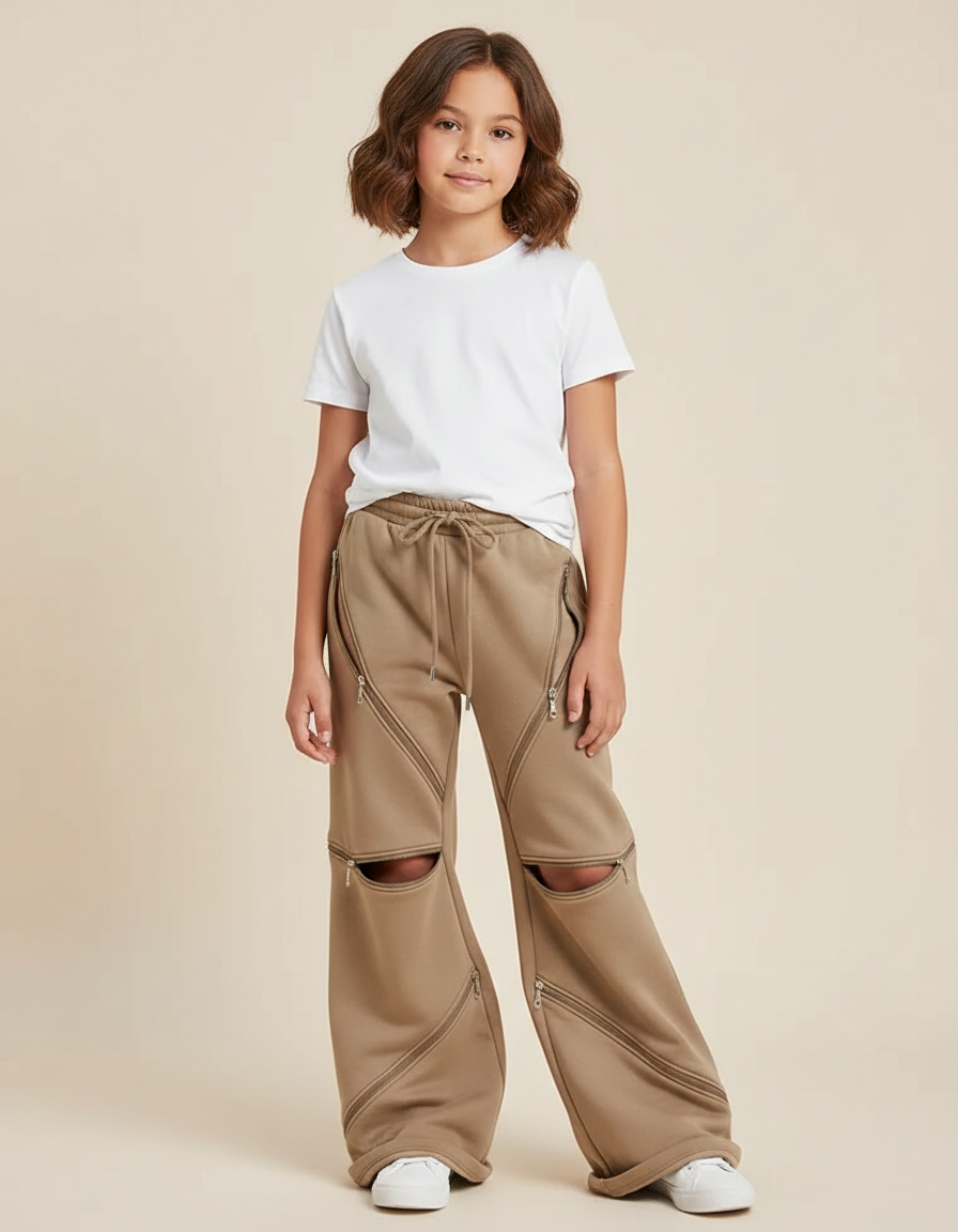 Pantalon Parachute Marron Zippé Ample Décontracté Enfant - Camel Molleton