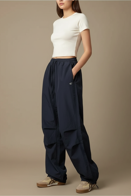 Pantalon Parachute Bleu Marine Fluide Ample Femme - Polyester