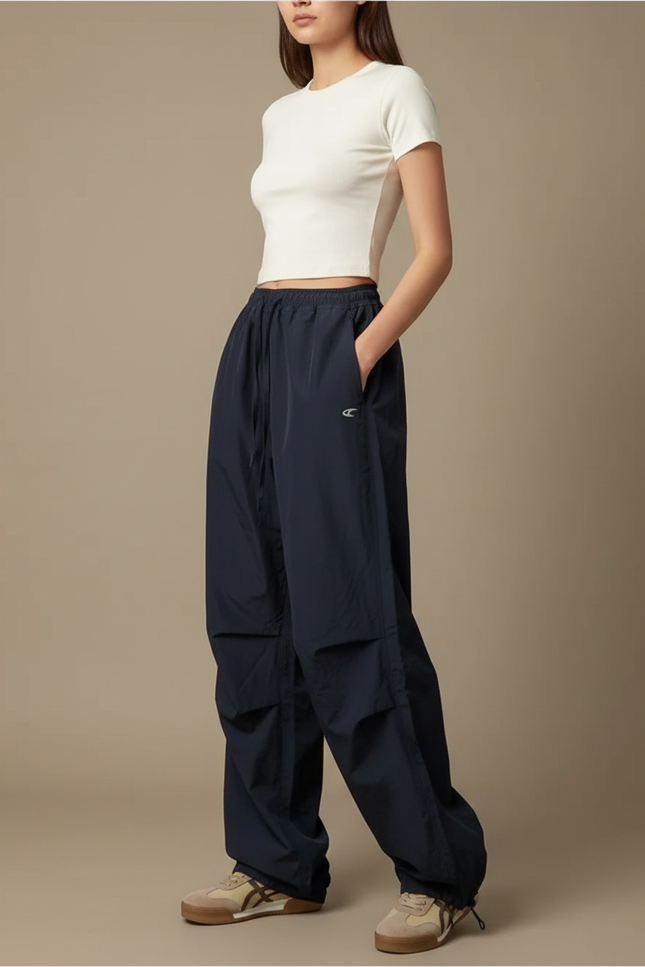 Pantalon Parachute Bleu Marine Fluide Ample Femme - Polyester