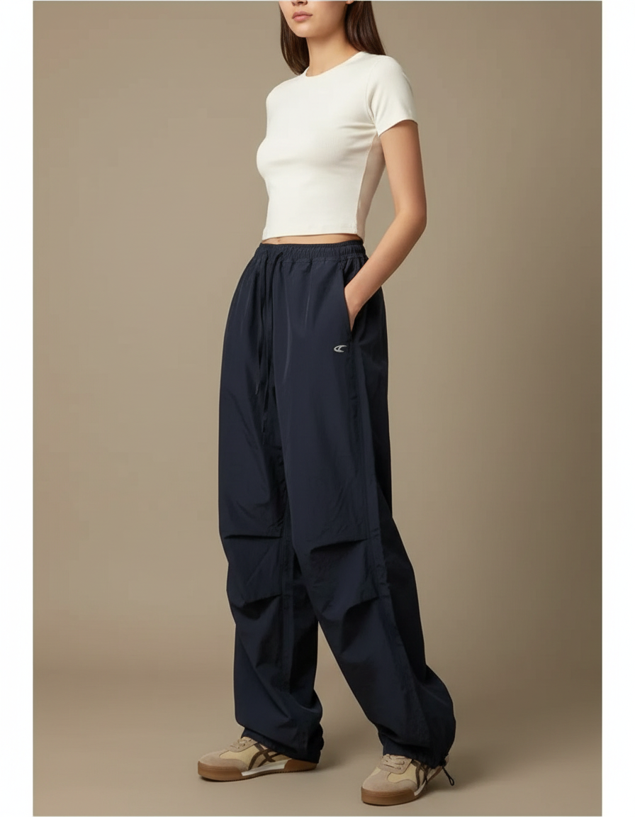 Pantalon Parachute Bleu Marine Fluide Ample Femme - Polyester