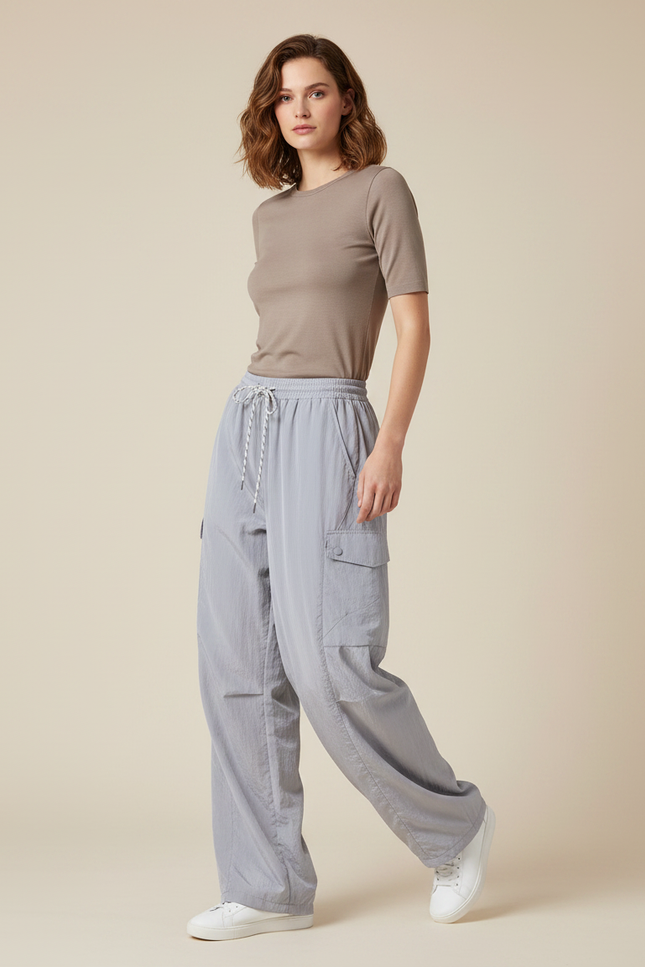 Pantalon Parachute Gris Cargo Fluide Nylon Femme - Polyester
