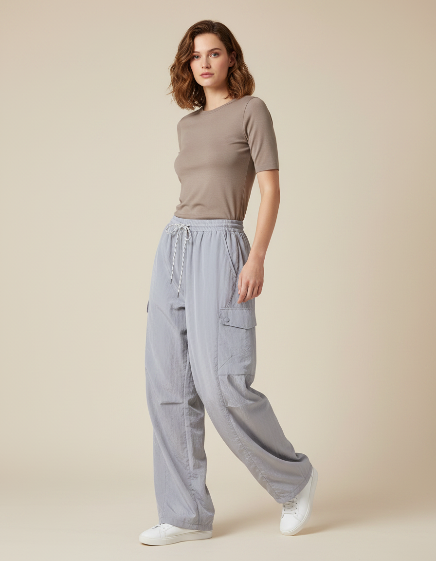 Pantalon Parachute Gris Cargo Fluide Nylon Femme - Polyester