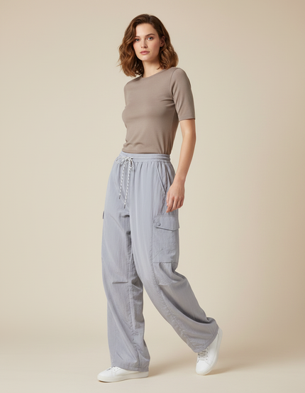 Pantalon Parachute Gris Cargo Fluide Nylon Femme - Polyester