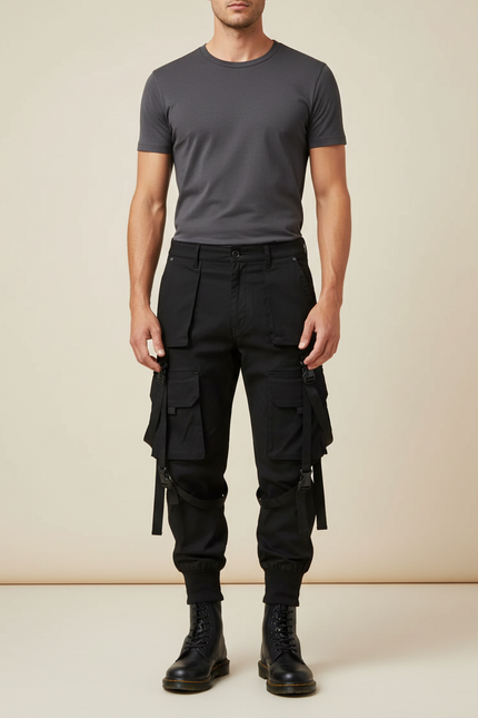 Pantalon Parachute Noir Cargo Homme Tactique Fonctionnel - Polyester