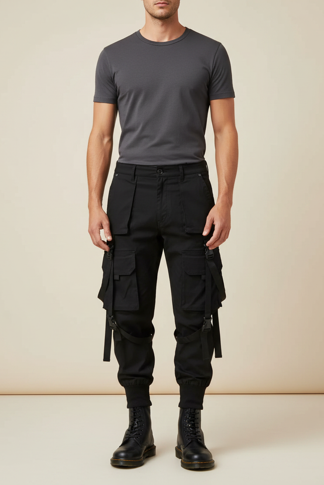 Pantalon Parachute Noir Cargo Homme Tactique Fonctionnel - Polyester