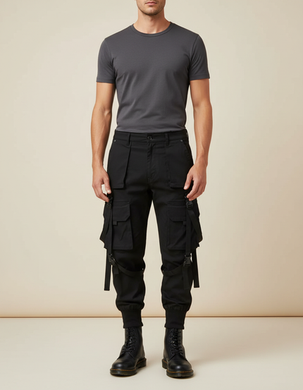 Pantalon Parachute Noir Cargo Homme Tactique Fonctionnel - Polyester