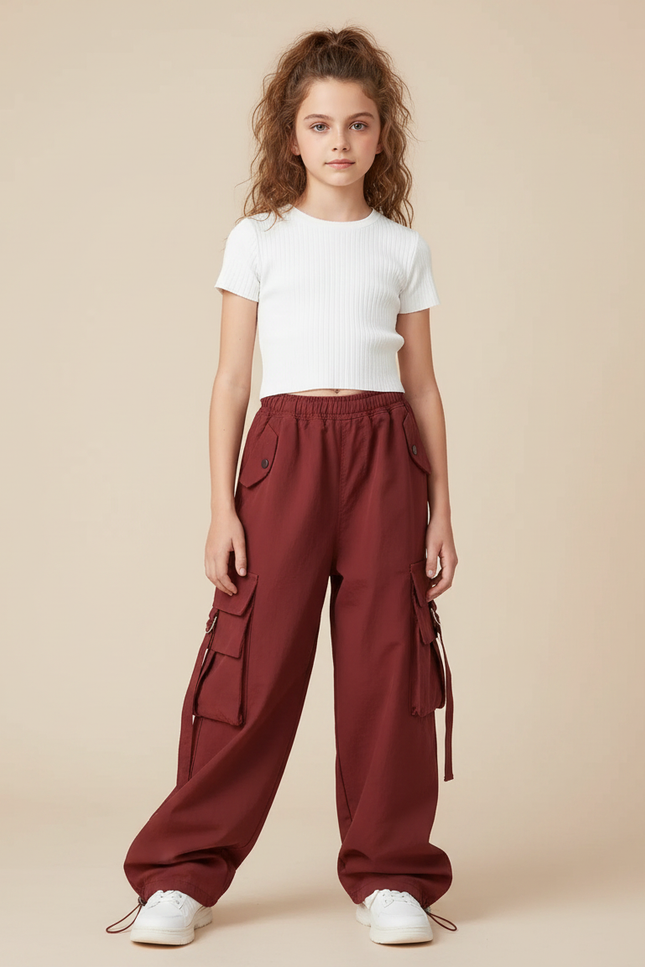 Pantalon Parachute Bordeaux Ample Cargo Fille - Gabardine