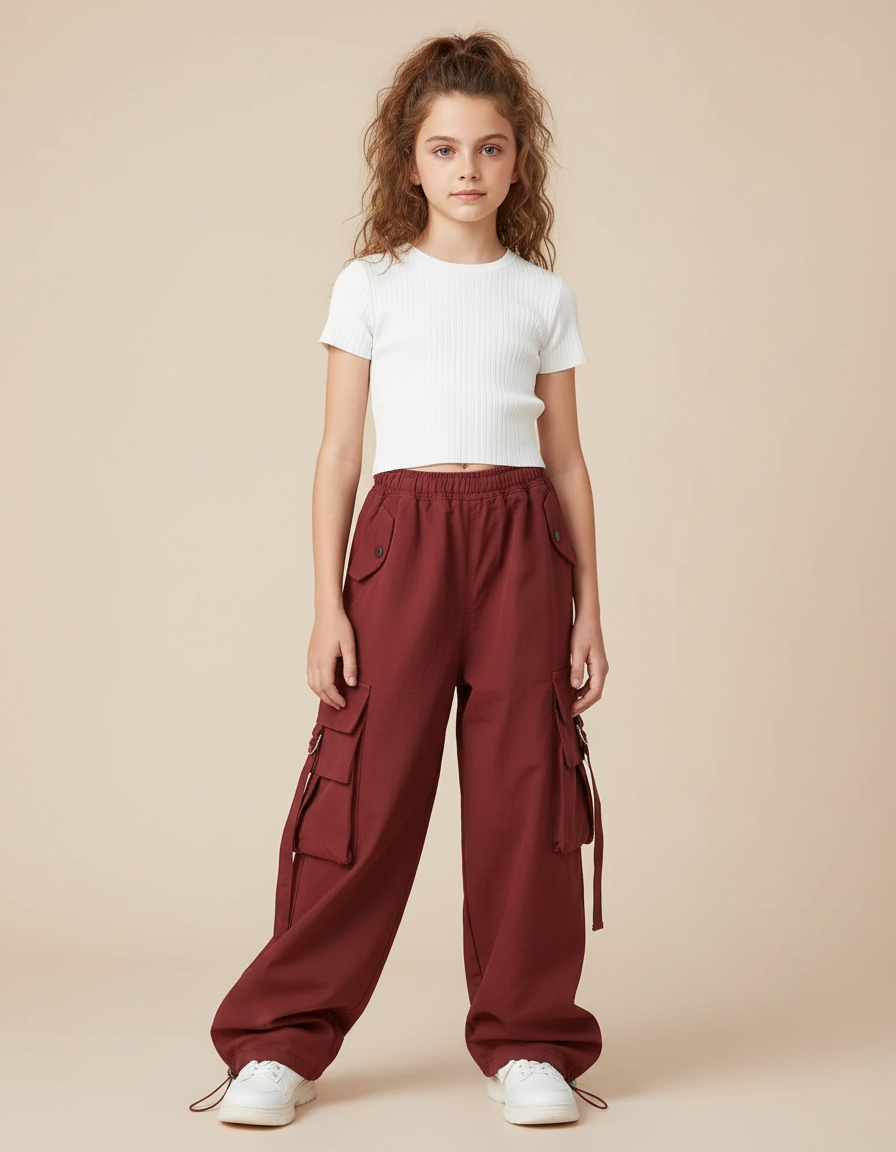 Pantalon Parachute Bordeaux Ample Cargo Fille - Gabardine
