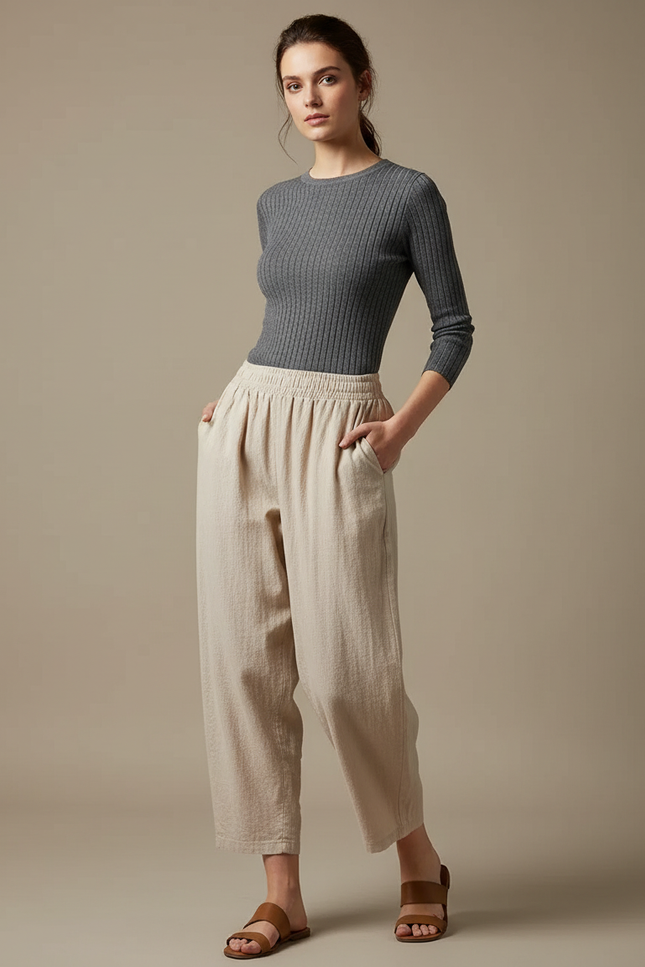 Pantalon Parachute Beige Lin Ample Taille Haute