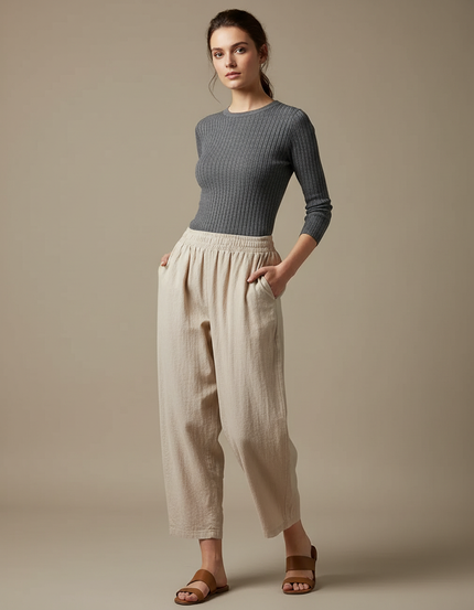 Pantalon Parachute Beige Lin Ample Taille Haute