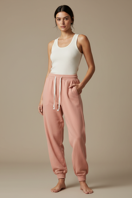 Pantalon Parachute Rose Décontracté Ample Coton Molletonné