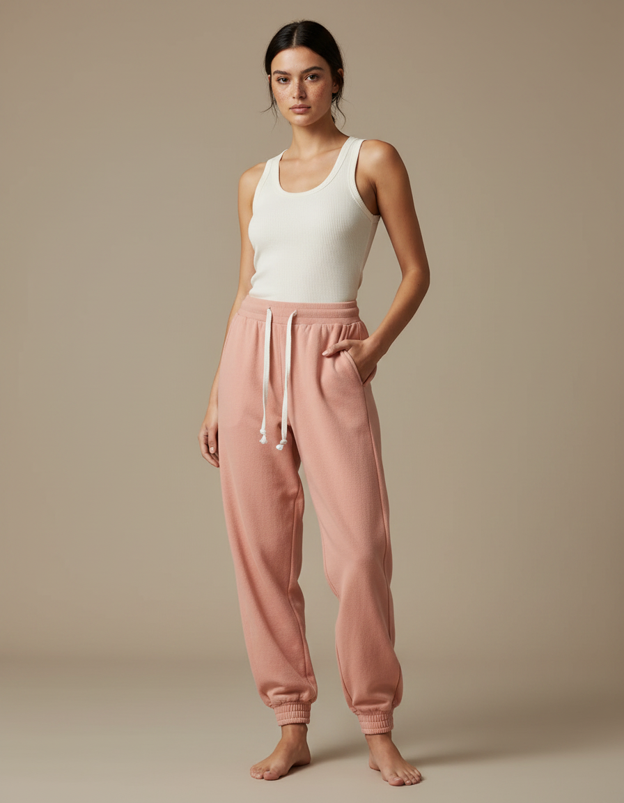 Pantalon Parachute Rose Décontracté Ample Coton Molletonné
