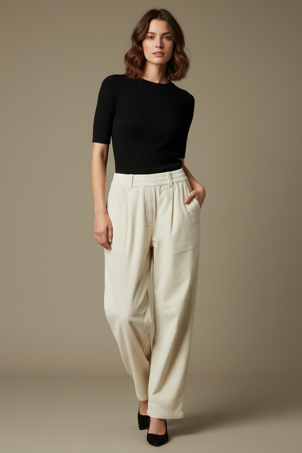 Pantalon Parachute Beige Côtelé Ample Décontracté Élastique - Cordé