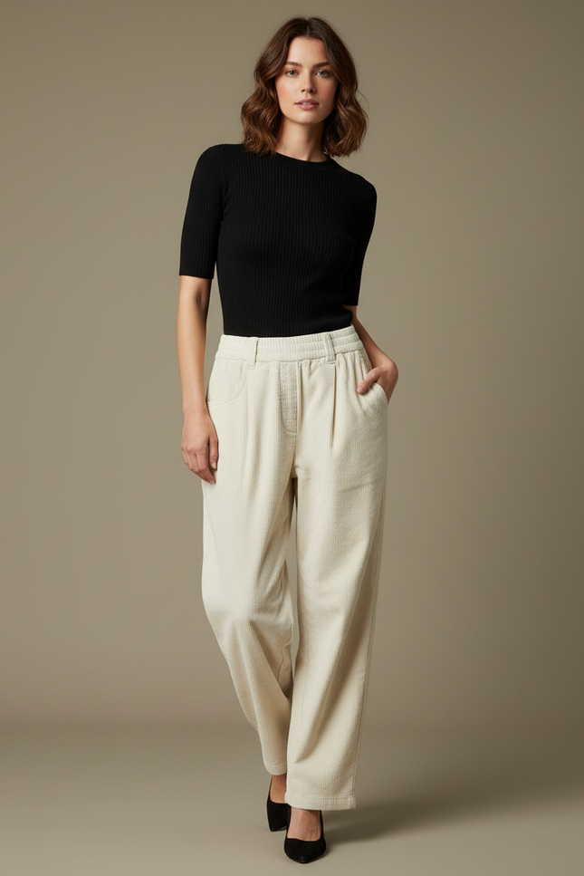 Pantalon Parachute Beige Côtelé Ample Décontracté Élastique - Cordé