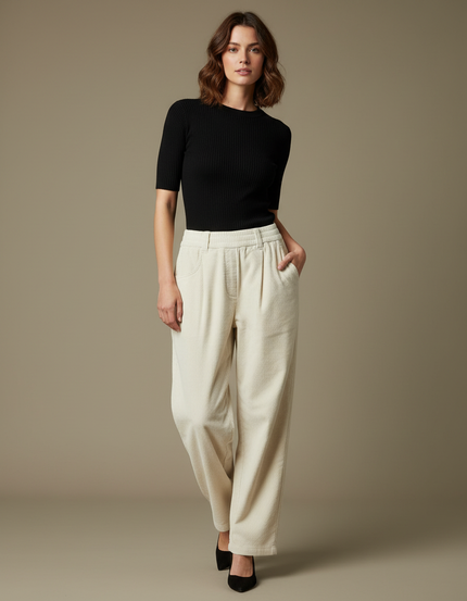 Pantalon Parachute Beige Côtelé Ample Décontracté Élastique - Cordé