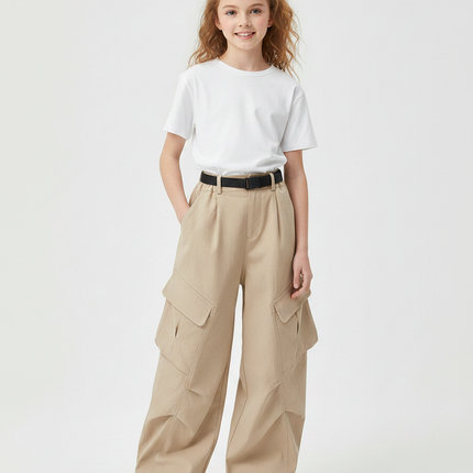 Pantalon Parachute Beige Cargo Ample Fille Décontracté - Toile