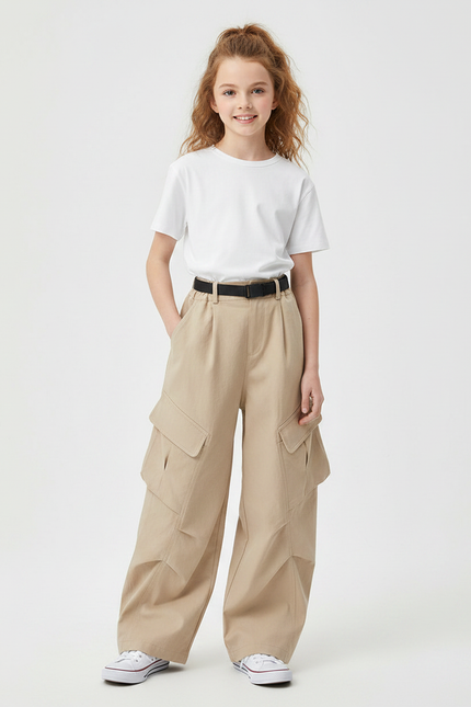 Pantalon Parachute Beige Cargo Ample Fille Décontracté - Toile