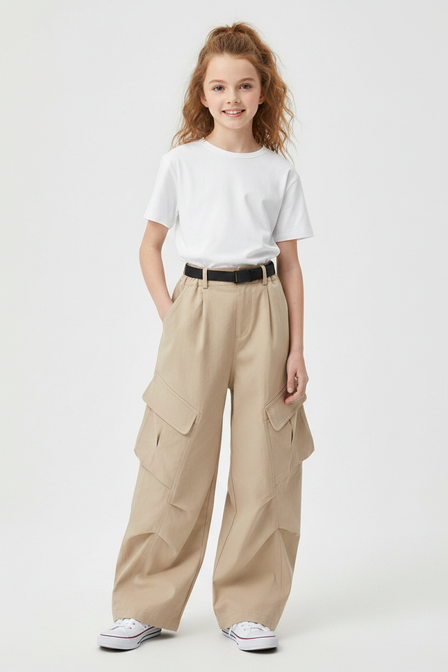 Pantalon Parachute Beige Cargo Ample Fille Décontracté - Toile