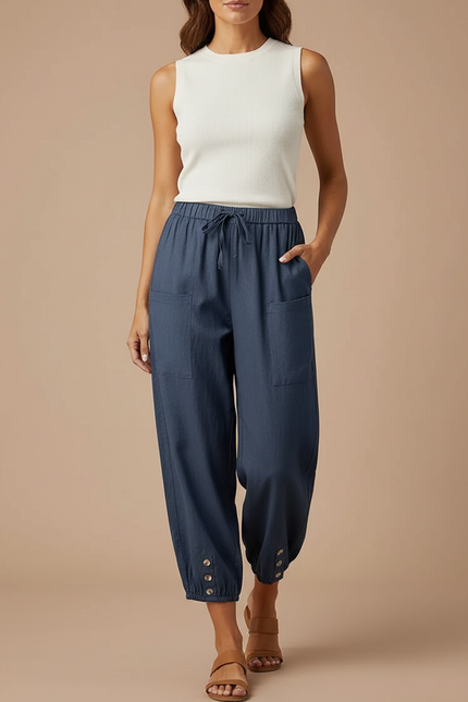Pantalon Parachute Bleu Coton Ample Décontracté Femmes