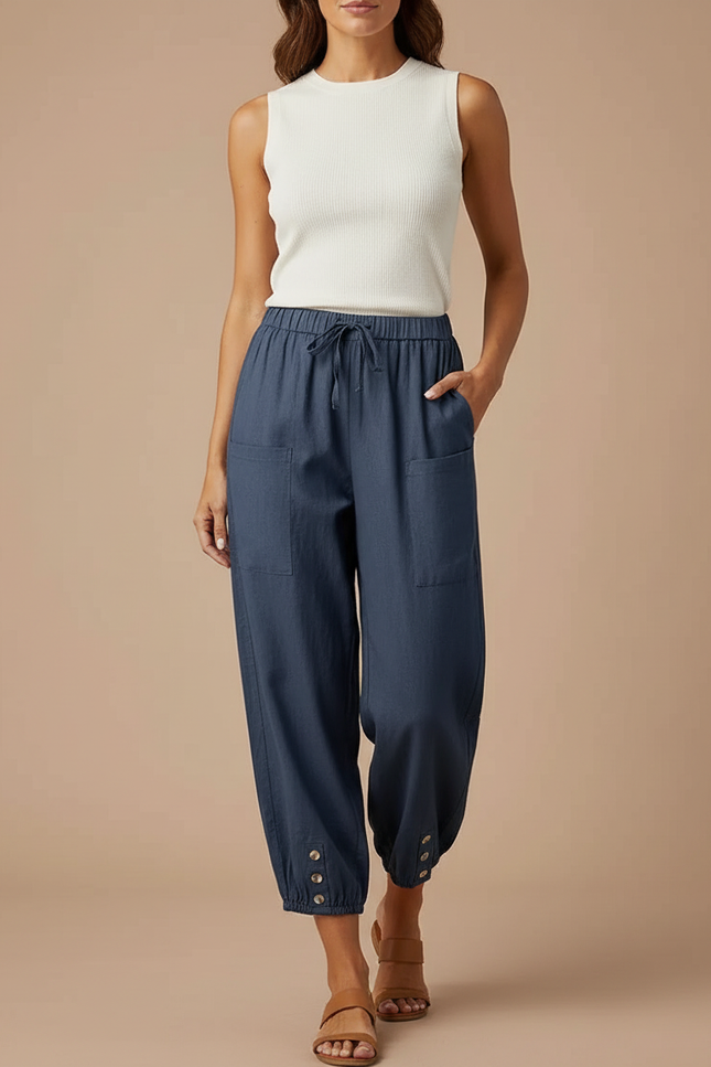 Pantalon Parachute Bleu Coton Ample Décontracté Femmes